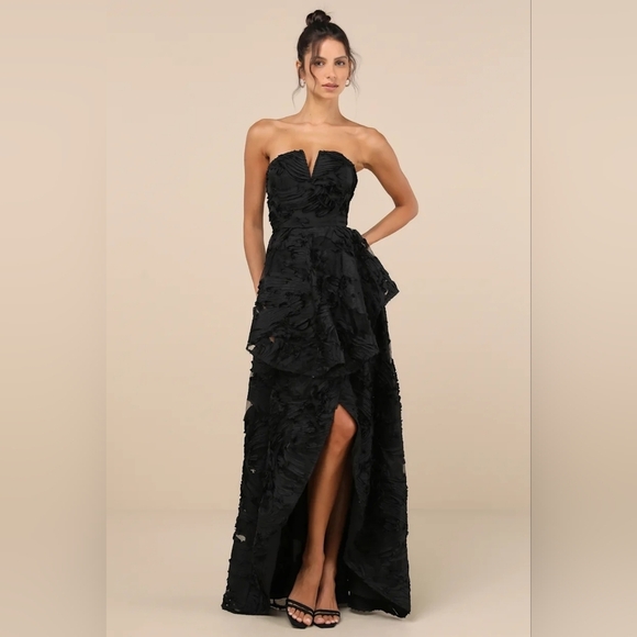 Lulus Majestic Glam Black Strapless Textured High-Low Maxi Dress Wedding Party - Picture 2 of 10